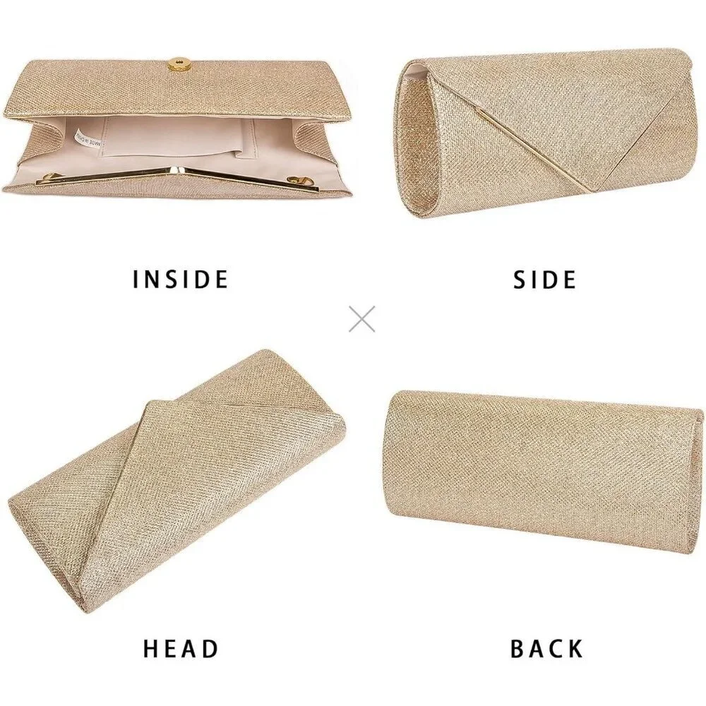 Women's Champagne Gold Sparkling Envelope Bag With Detachable Chain Clutch Purse